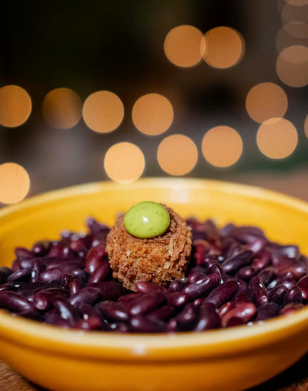 Plated dish with bokeh lights